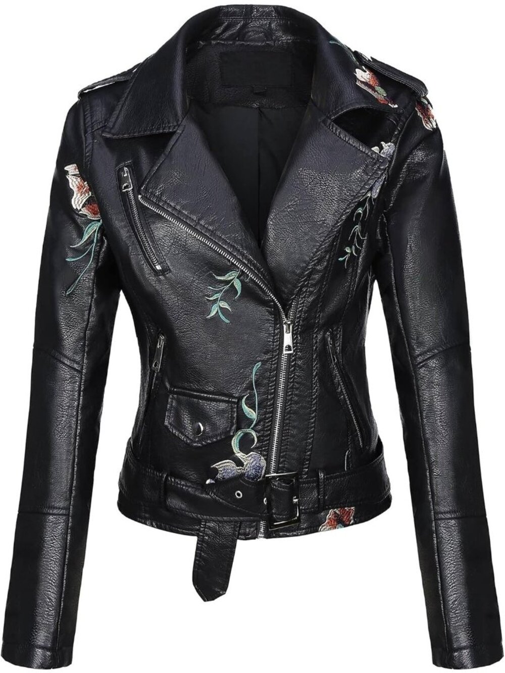 Women's Black Faux Leather Jacket Slim Fit Spring Fall Pockets Floral Moto Coat